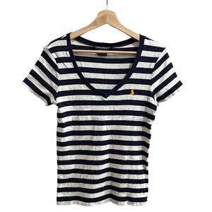 Vintage Ralph Lauren Sport T-Shirt Women's Large Navy/White Striped V-Neck Pony